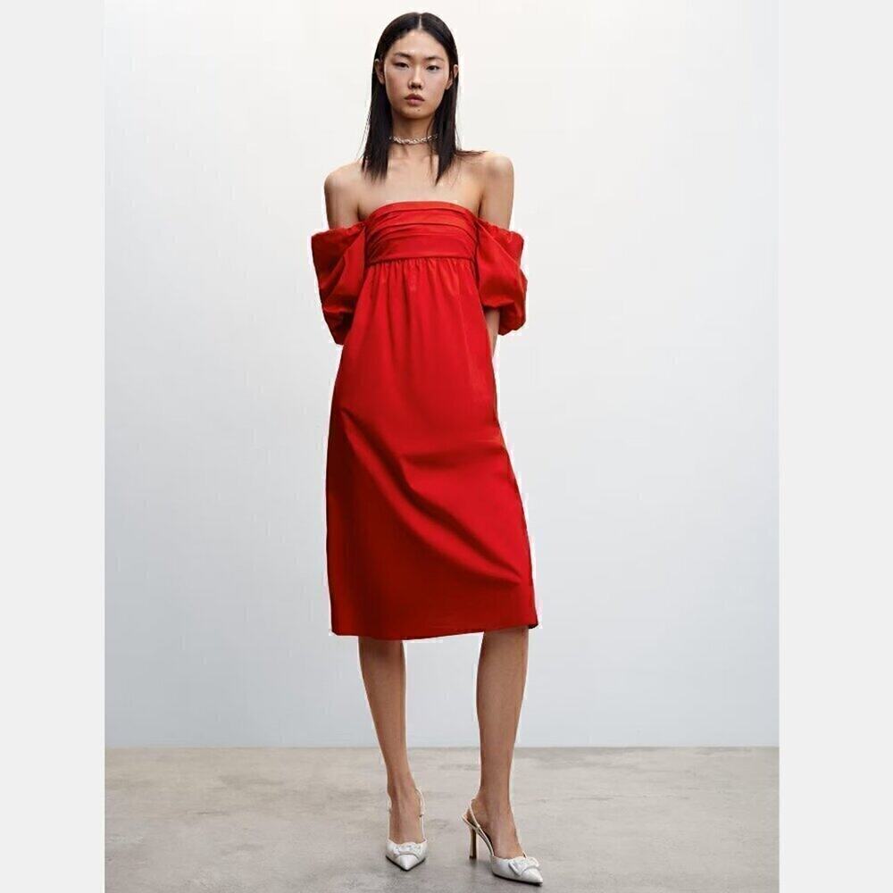 Mango Red Poplin Midi Dress NWT Off Shoulder Puff Sleeve Cotton Size 6 - Picture 14 of 16